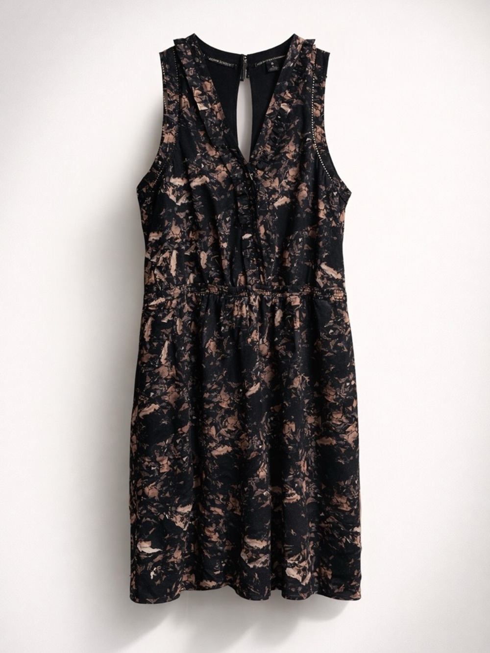 Scotch & Soda Black and Brown Abstract V-Neck Midi Dress